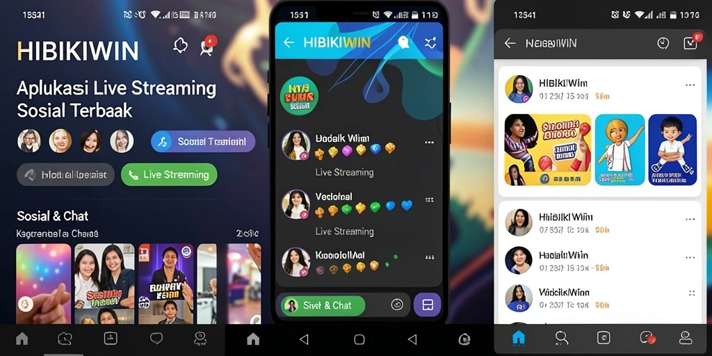 Antarmuka aplikasi HIBIKIWIN dengan fitur live streaming yang menarik.